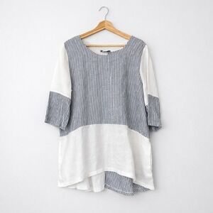 Coldwater Creek Navy Stripe and White Linen Mix Tunic